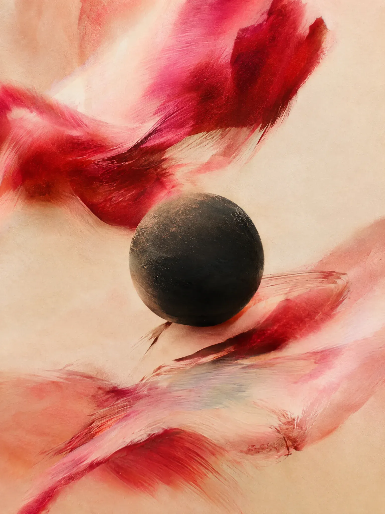 Abstract rose paint strokes around a charcoal sphere
